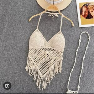 1412 WOMEN'S CREAM CROCHET BOHO HALTER TOP SIZE XS NWT